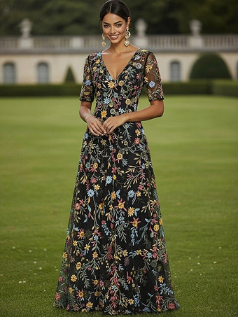 ブラック花嫁の母のためのパーティードレス、ジュエルネック、半袖、Aライン、レース、結婚式ゲストドレス