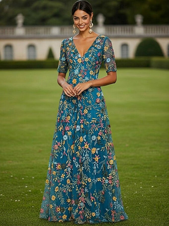 ティール花嫁の母のためのパーティードレス、ジュエルネック、半袖、Aライン、レース、結婚式ゲストドレス