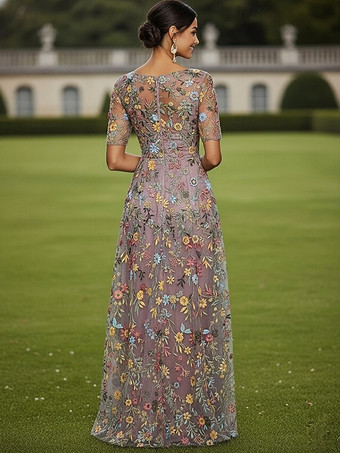 花嫁の母のためのパーティードレス、ジュエルネック、半袖、Aライン、レース、結婚式ゲストドレス