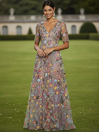 サーモンピンク花嫁の母のためのパーティードレス、ジュエルネック、半袖、Aライン、レース、結婚式ゲストドレス
