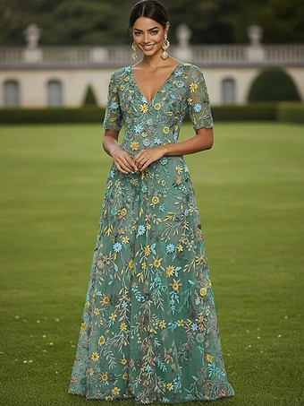 セージグリーン花嫁の母のためのパーティードレス、ジュエルネック、半袖、Aライン、レース、結婚式ゲストドレス