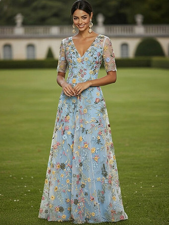 スカイブルー 花嫁の母のためのパーティードレス、ジュエルネック、半袖、Aライン、レース、結婚式ゲストドレス