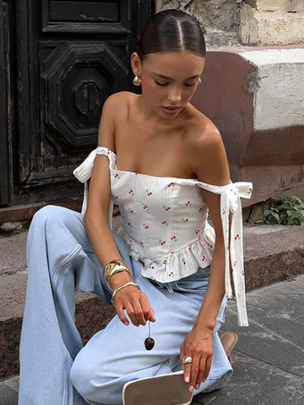 Débardeur blanc à col rond et volants bretelles fines en coton sexy pour femme