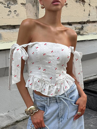 Débardeur blanc à col rond et volants bretelles fines en coton sexy pour femme