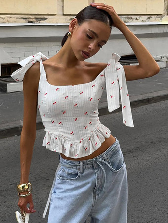 blanc Débardeur blanc à col rond et volants bretelles fines en coton sexy pour femme
