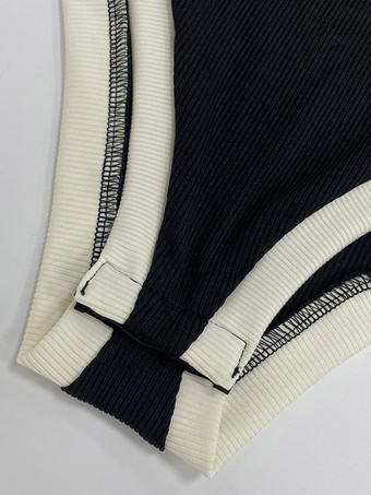 半袖ボディスーツ ブラック ジュエルネックボタン アスレチック レディーストップス
