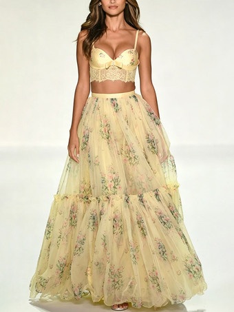 Ensemble deux pièces jupe sans manches à bretelles en dentelle chic imprimée abricot et col montant.