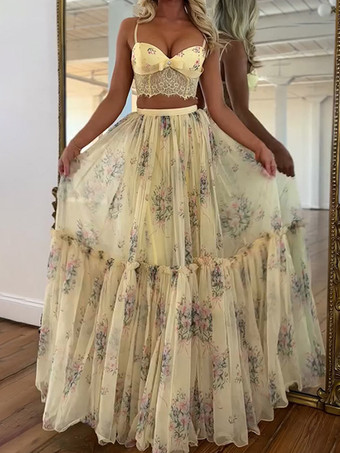 abricot Ensemble deux pièces jupe sans manches à bretelles en dentelle chic imprimée abricot et col montant.