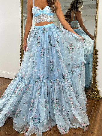 Ensemble deux pièces jupe sans manches à bretelles en dentelle chic imprimée abricot et col montant.