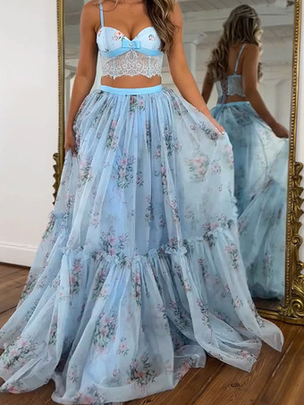 bleu ciel clairEnsemble deux pièces jupe sans manches à bretelles en dentelle chic imprimée abricot et col montant.