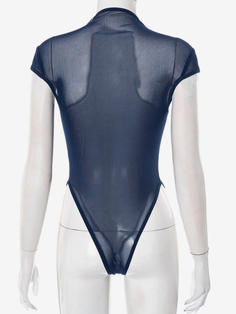 Body sans manches bleu à boutons et col montant pour femme