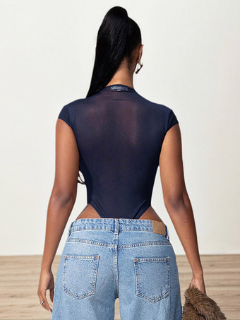 Body sans manches bleu à boutons et col montant pour femme
