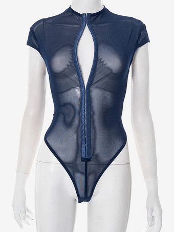 Body sans manches bleu à boutons et col montant pour femme