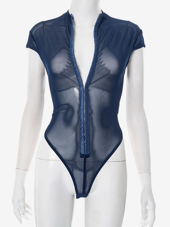 Body sans manches bleu à boutons et col montant pour femme