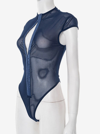 Body sans manches bleu à boutons et col montant pour femme