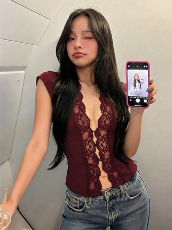 レディース クロップトップ ブラック フリル ボタン付き Vネック セクシートップス