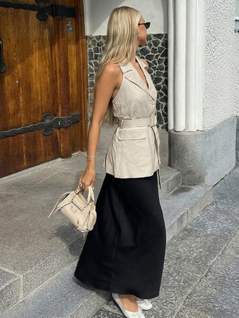Blouse pour femme en coton et lin kaki dos nu laçage décontracté sans manches
