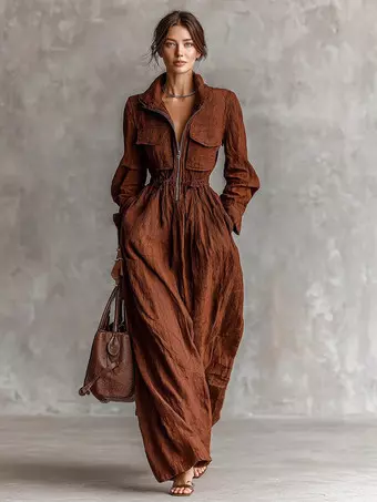 Daily Dresses Women's Maxi Coffee Brown Polyester Long Sleeves V-Neck Raised Waist Dress Daily Dresses Women's Maxi Coffee Brown Polyester Long Sleeves V-Neck Raised Waist Dress