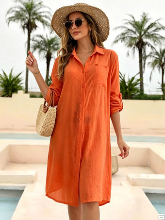 orange Blouse pour femme en coton blanc col rabattu boutons chics manches longues