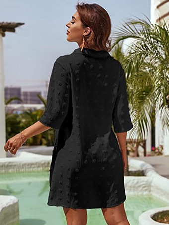 Blouse pour femme bleu foncé à col rabattu manches courtes décontractées en mousseline.