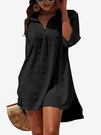 noir Blouse pour femme bleu foncé à col rabattu manches courtes décontractées en mousseline.