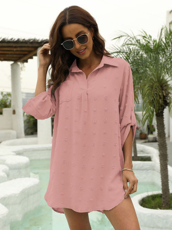 Blouse pour femme bleu foncé à col rabattu manches courtes décontractées en mousseline.