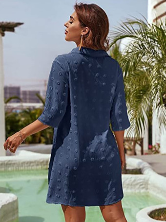 Blouse pour femme bleu foncé à col rabattu manches courtes décontractées en mousseline.