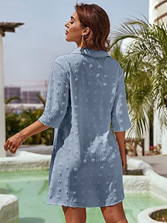 Blouse pour femme bleu foncé à col rabattu manches courtes décontractées en mousseline.