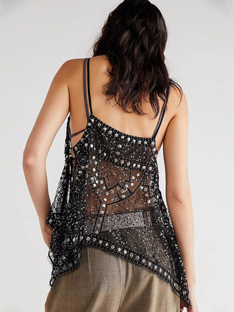 Débardeur orange à bretelles col à sequins et perles dos nu chic pour femmes
