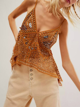 orange Débardeur orange à bretelles col à sequins et perles dos nu chic pour femmes