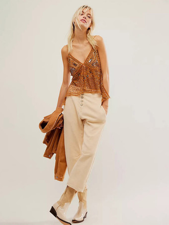 Débardeur orange à bretelles col à sequins et perles dos nu chic pour femmes