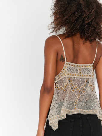 Débardeur orange à bretelles col à sequins et perles dos nu chic pour femmes