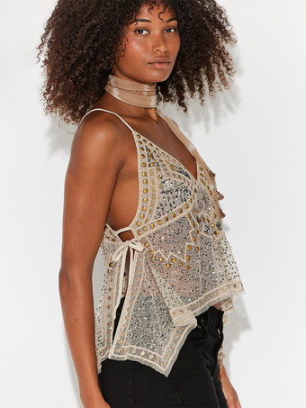 abricot Débardeur orange à bretelles col à sequins et perles dos nu chic pour femmes