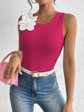Rouge roséDébardeur noir à col rond et fleurs chic et élégant pour femme