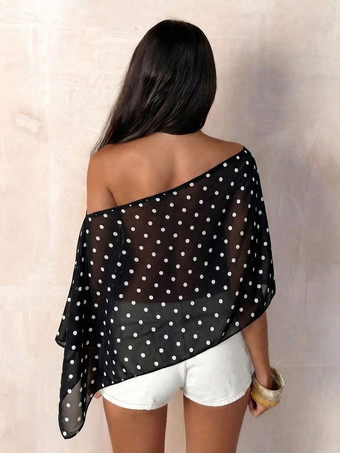 Débardeur noir à pois asymétrique col cranté pour femme