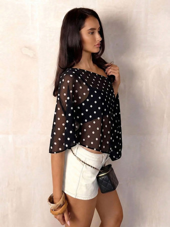 Débardeur noir à pois asymétrique col cranté pour femme