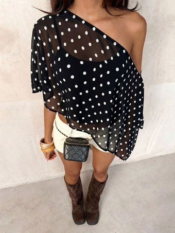 Débardeur noir à pois asymétrique col cranté pour femme