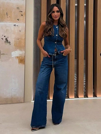Ensemble deux pièces bleu chic streetwear col bijou sans manches