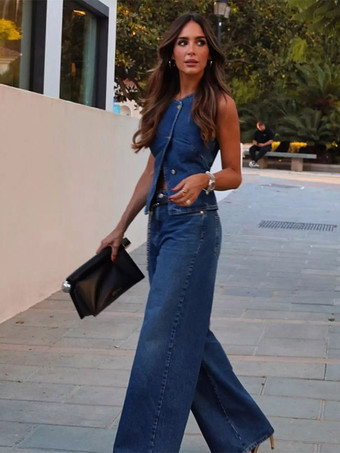 Ensemble deux pièces bleu chic streetwear col bijou sans manches