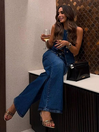 Ensemble deux pièces bleu chic streetwear col bijou sans manches