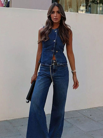 bleu Ensemble deux pièces bleu chic streetwear col bijou sans manches