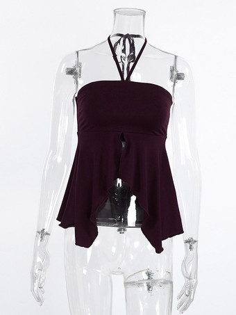 Débardeur marron à volants dos nu en lycra spandex chic et élégant pour femmes