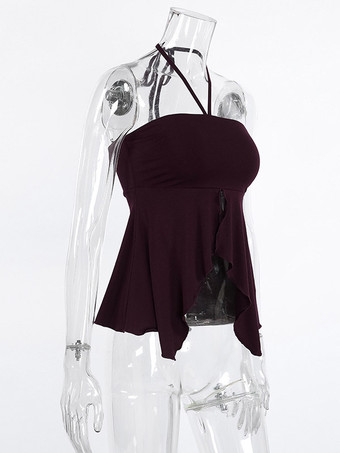 Débardeur marron à volants dos nu en lycra spandex chic et élégant pour femmes
