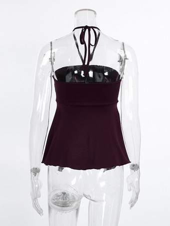 Débardeur marron à volants dos nu en lycra spandex chic et élégant pour femmes