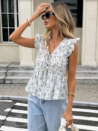 Chemise pour femme bleue à col en V sans manches lacée style décontracté