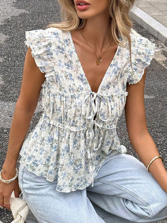 Chemise pour femme bleue à col en V sans manches lacée style décontracté