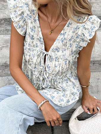 Chemise pour femme bleue à col en V sans manches lacée style décontracté