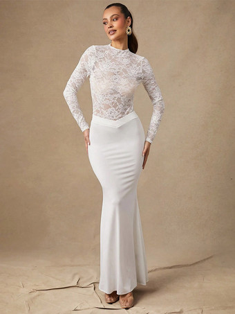 Haut court pour femme en nylon blanc et dentelle col rond manches longues style chic