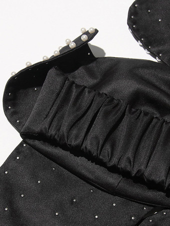Haut court noir dos nu à fleurs et perles sans manches pour femme