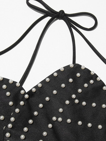 Haut court noir dos nu à fleurs et perles sans manches pour femme